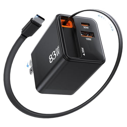 Retractable Charger, 83W Retractable USB C Charger with Type-C Cable and QC18W PD30W Port, PD PPS Fast Charging Block with Foldable Plug for iPhone 17 16 15 14 13 12 11, Galaxy, LG, Pixel, Tablet