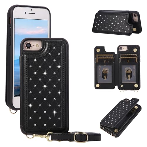 for iPhone 7/8/SE 2022/SE 2020 Wallet Case with Card Holder Slots and Strap, RFID Blocking Magnetic Flip Folio Cover, Crossbody Purse Protection Case with Kickstand,Black Diamond - color: Black Diamond, size: iPhone 7/8/SE 2022/SE 2020(6.6")