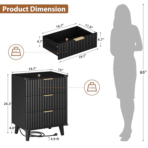 Wood Nightstands Set of 2 w/Charging Station, 3 Drawers Fluted Dresser - color: Black, size: 3 Drawers-Set of 2 Nightstand