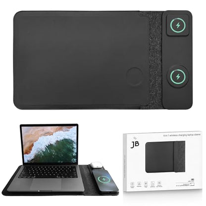 4-in-1 Laptop Sleeve with Wireless Charging - 13/14 inch - Updated Version- Charging Mat for Laptop - Compatible with MagSafe - Use as Case, Phone and Earbuds Charging Pad, Desk and Mouse Pad