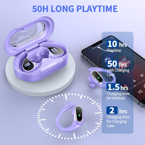 Wireless Earbuds, 2026 Bluetooth 5.4 Headphones Sport, 50Hrs HiFi Stereo Deep Bass Over-Ear buds with ENC Noise Cancelling Mic, IP7 Waterproof & LED Display Earphones with Earhooks for Workout/Running - color: comb blue purple