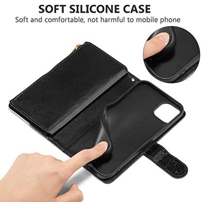 UEEBAI Wallet Case for iPhone 13 - PU Leather Magnetic Closure Handbag With Zipper Pocket, Kickstand, Card Slots and Hand Strap - Bling Black Flip Case for Women - color: Bling Black