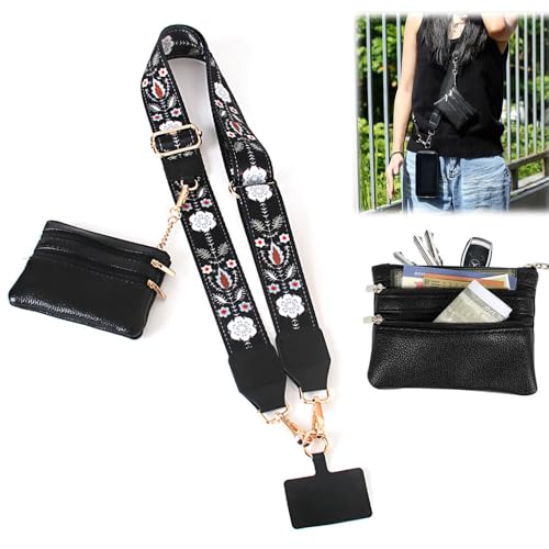 Phone Strap With Zippered Pouch, Universal Lanyard Crossbody Wrist Strap With Wallet, Adjustable - color: Black A1