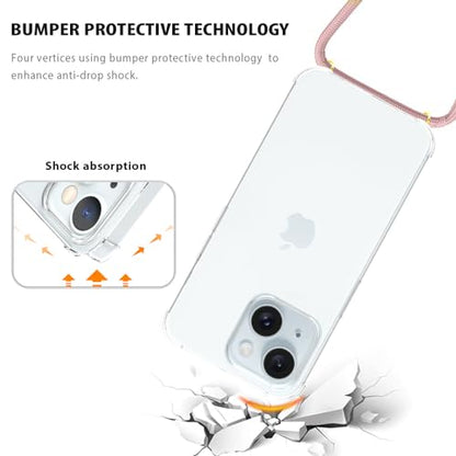 for iPhone 15 Plus Lanyard Strap Case for Women Clear Anti-Yellowing Cover Soft TPU Bumper Shockproof Protective Phone Cover Case with Adjustable Neck Strap for iPhone 15 Plus - Rose Gold - size: for iPhone 15 Plus