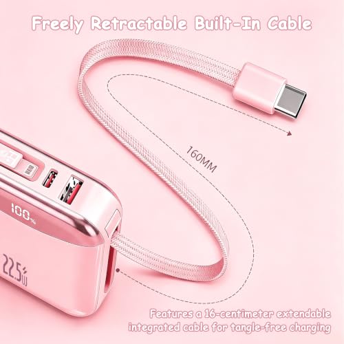 10000mAh Portable Charger with Built-in USB-C & Light-ning Cables, 22.5W Fast Charging Power Bank, Travel Battery Pack with LED Display for iPhone Samsung Android – Flight Approved - color: Pink