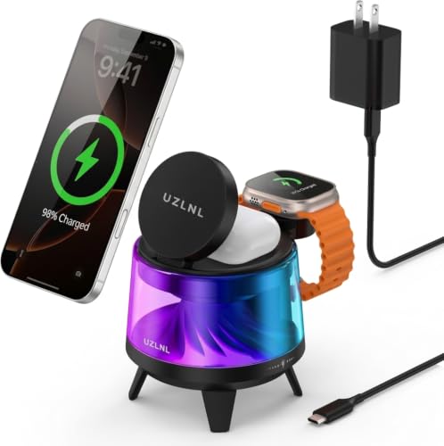 3 in 1 Wireless Charging Station for Apple Devices,Mag-Safe Charger Stand,Magnetic Wireless Charger Station,RGB Ambient Light,for iPhone 17 Pro Max 16 15 14 13 12,AirPods & Apple Watch Series