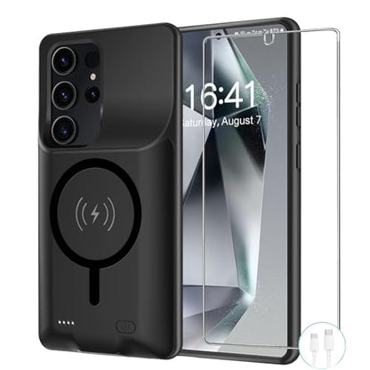 Battery Case for Galaxy S24 Ultra, 12000mAh Extended Portable Protective Case Backup Power Bank Wireless Charger Case Compatible with Galaxy S24 Ultra 6.8inch Charging Case with Screen Protector-Black - size: Galaxy S24 Ultra