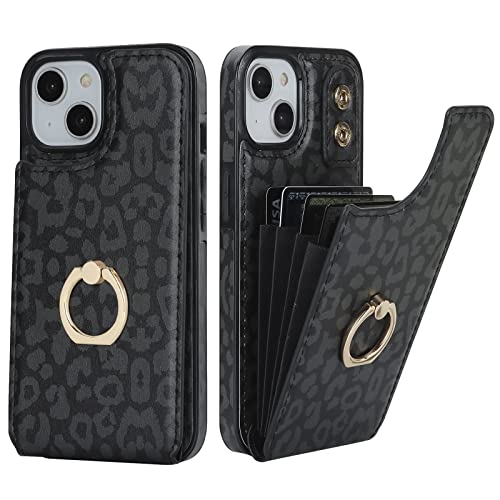 HAOPINSH for iPhone 13/ iPhone 14 Wallet Case with Card Holder, 360°Rotation Ring Kickstand, Black Leopard Cheetah Pattern, RFID Blocking Leather for Girls Women, Double Buttons Flip 6.1" - color: Black Leopard