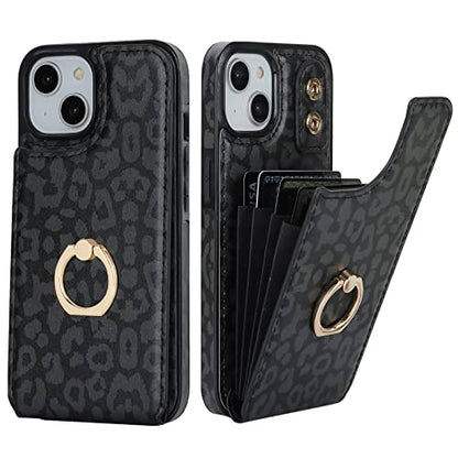 HAOPINSH for iPhone 13/ iPhone 14 Wallet Case with Card Holder, 360°Rotation Ring Kickstand, Black Leopard Cheetah Pattern, RFID Blocking Leather for Girls Women, Double Buttons Flip 6.1" - color: Black Leopard