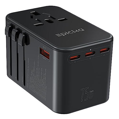 EPICKA 75W GaN PD Universal Travel Adapter, 3USB-C/2USB-A - style: 75W-5USB(3 USB-C) Black