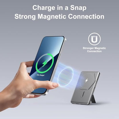 SIXTHGU Magnetic Slim Portable Charger with Stand, PowerMag, 5000mAh Wireless Power Bank[Alloy-Made], PD 20W Fast Charging, Compatible with iPhone 17/16/15/15 Pro/15 Pro Max, iPhone 14/13/12 Series