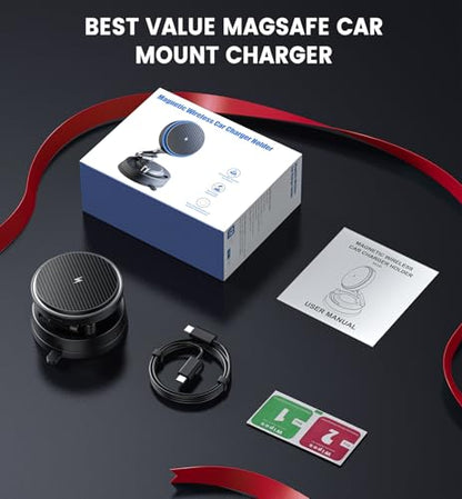 Upgraded 15W Magnetic Car Charger, Dashboard Phone Holders for iPhone 12-17