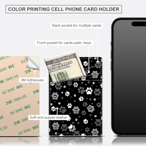 Phone Card Holder, Dual Pocket Leather Phone Wallet Adhesive Stick On, Cute Card Holder, Credit Card Holder for Phone Case Compatible with Most Phone （Dog Paw Print And Star） - color: Dog Paw Print And Star