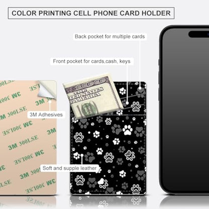 Phone Card Holder, Dual Pocket Leather Phone Wallet Adhesive Stick On, Cute Card Holder, Credit Card Holder for Phone Case Compatible with Most Phone （Dog Paw Print And Star） - color: Dog Paw Print And Star