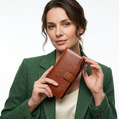YALUXE Women's Real Leather Wallet RFID Protect 21 Card Slots Phone Pocket - color: 8- Waxed DarkBrown, size: Genuine Leather