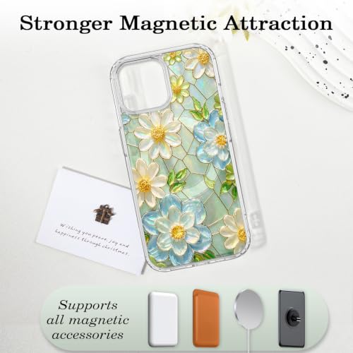 for iPhone 13 Mini 5.4" Magnetic Case【Compatible with MagSafe】 Aesthetic Oil Painting Stained Glass Flower Design, Slim Fit Hard PC Back Shockproof Cute Clear Phone Cover, White Blue - color: White Blue, size: iPhone 13 Mini
