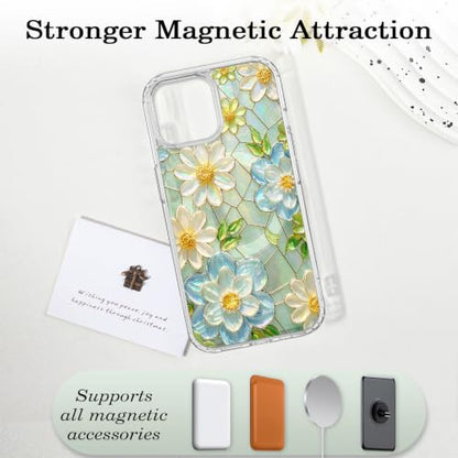 for iPhone 13 Mini 5.4" Magnetic Case【Compatible with MagSafe】 Aesthetic Oil Painting Stained Glass Flower Design, Slim Fit Hard PC Back Shockproof Cute Clear Phone Cover, White Blue - color: White Blue, size: iPhone 13 Mini