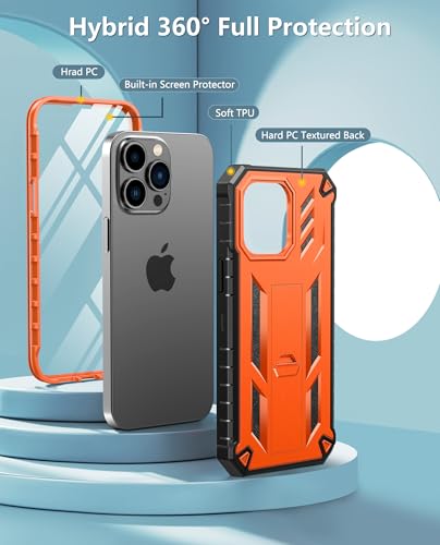 FNTCASE for iPhone 14 Pro Max Case, Built-in Screen Protector, Kickstand | 20FT Military-Grade Drop Protection, Anti-Slip Matte Textured, Rugged Heavy Duty Shockproof TPU Protective Cover - color: Orange