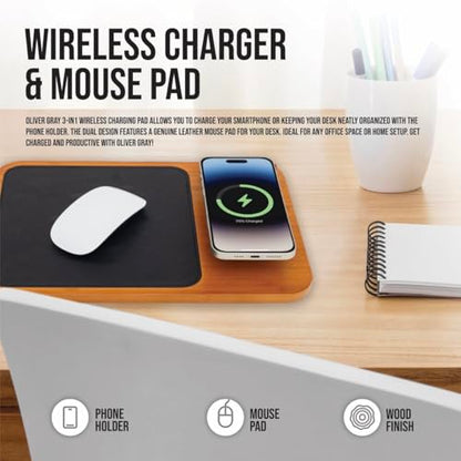 Oliver Gray Mousepad with Wireless Charger - 3-in-1 Wooden Wireless Charging Station & Phone Holder, Premium Vegan Leather Desk Charger Mat for iPhone, Android