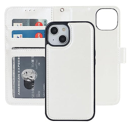 Bocasal Detachable Wallet Case Card Holder for iPhone 14, White | RFID Blocking Kickstand Card Slots Holder PU Leather Magnetic Shockproof Wrist Strap Removable Flip Protective Cover 6.1 inch - color: White