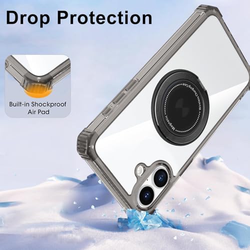 Clear Case for iPhone 16 with Magnetic 360 Rotatable Ring Stand | Military Grade Heavy Duty Cover with 360 Rotatable Ring Kickstand -260417 - color: Clear Black, size: iPhone 16