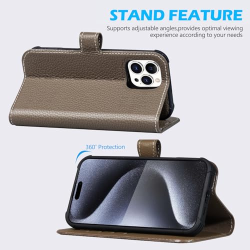 Genuine Leather Wallet Case for iPhone 16 Pro 6.3", Gray Brown | 2-in-1 Magnetic Detachable, Shockproof, Flip Folio with Card Slot, RFID Blocking - color: Gray Brown, size: 16 Pro 6.3‘’