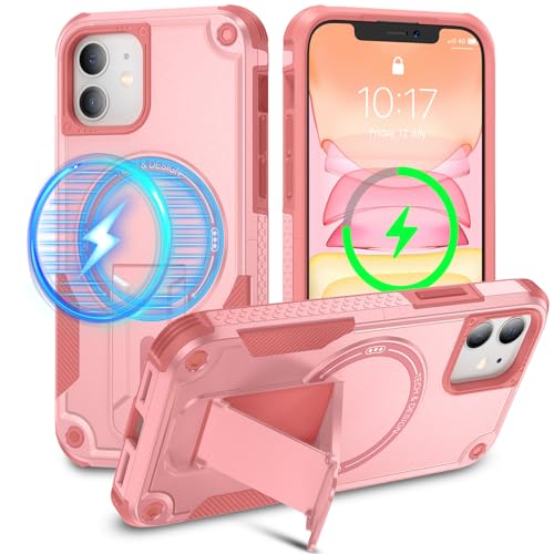Caka for iPhone 11 Case, iPhone 11 Phone Case with Stand Pink | Compatible with MagSafe, Built-in Hidden Kickstand, Solid Protective Dual-layer TPU+PC Shockproof Magnetic Phone Cover - color: Pink