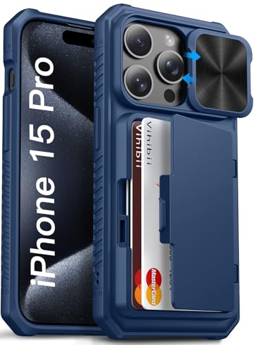 Vihibii for iPhone 15 Pro Case Wallet with Card Holder (4 Cards), Blue | Slide Camera Cover, Kickstand, Military Grade Drop Protection, Rugged Hard Back, Silicone Edge Wallet Phone Case, 2023, Blue - color: Blue, size: iPhone 15 Pro