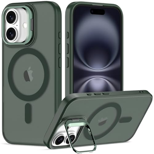 Nvollnoe for iPhone 16 Case Compatible with MagSafe Military Grade Shockproof Heavy Duty Protective Adjustable Kickstand Matte Semi Clear Phone Case for iPhone 16(Dark Green) - color: Dark Green, size: for iphone 16-6.1"(2 lens)