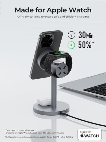 MagFusion 3-in-1 Charging Station Compatible with MagSafe, Qi2 Certified 15W Magnetic Wireless Charger Stand, for iPhone 17/16/15/14/13/12 Series, Apple Watch, AirPods(30W PD Charger Included)