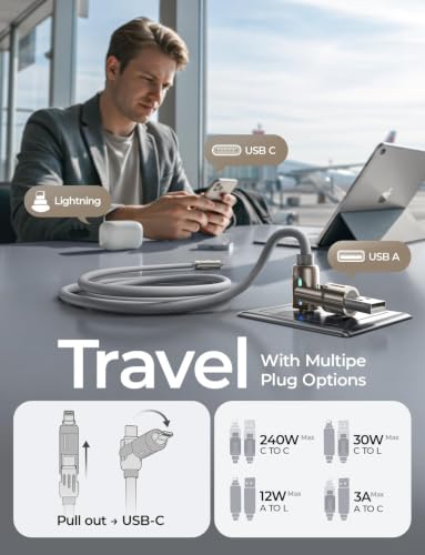 LISEN USB C to Lightning Cable, Chubby 240W 4 in 1 Charging Cable 6.6FT - color: Grey, size: 6.6FT