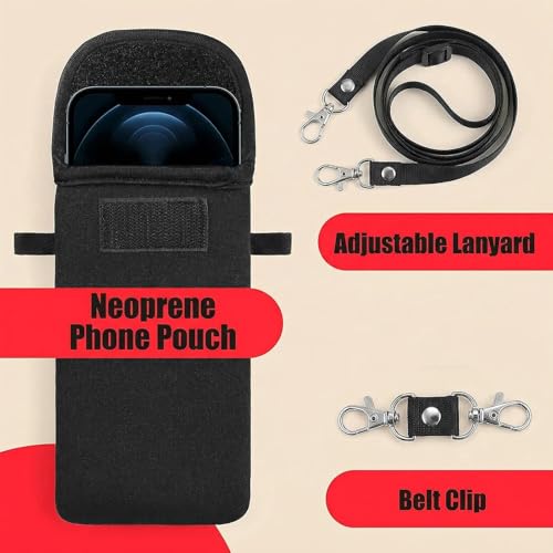 Universal Neoprene Phone Pouch with Neck Strap Lanyard and Belt Clip Cell Phone Case Sleeve for Seniors Men Women Hands-Free Carrying Holder for 6 Inch Smartphones (Black)
