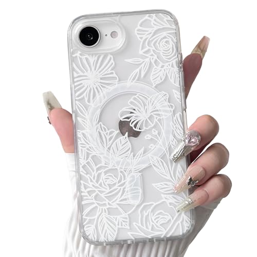 NITITOP Compatible with iPhone 16e Case Clear Magnetic Compatible with MagSafe Cute Line Rose Flowers for Women Girls Floral Hard PC Back Shockproof Protective Phone Cover - White - color: White, size: iPhone 16e