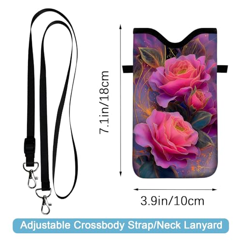 Neoprene Cell Phone Sleeve Pouch Case Bag with Crossbody Strap Neck Lanyard for Women 7.1 X 3.9 in Beautiful Flowers - color: Beautiful Flowers