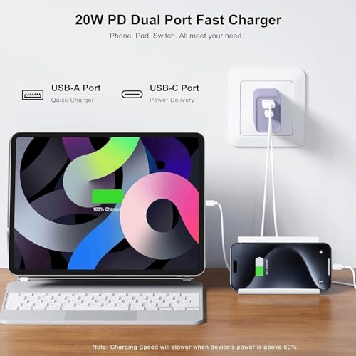 2Pack iPhone 17 Fast Charger,20W Dual USBA+C QC Wall Charger with 10FT Cord - color: Purple/Pink