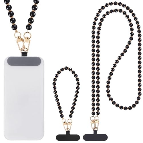 Weewooday 2 Pack Black Gemstone Beaded Phone Lanyard Crossbody Beaded Phone Wrist Bracelet Strap Charm with Tether Tab for Women
