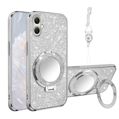for Samsung Galaxy A05 Case [MagSafe Compatible] Glitter Card Clear Back Cover with Ring Kickstand, Lanyard, Mirror Soft TPU Protective Cover for Samsung A05 Phone Case, Silver - color: Silver, size: Samsung Galaxy A05