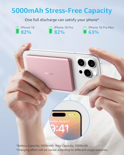“Air” Power Bank for MagSafe 5000mAh Ultra Slim Battery Charger Case | Magnetic Wireless Portable Battery Charger Case with USB-C Cable, Compatible with iPhone 17/16/15/14/13/12 Series Only (Pink) - color: Pink