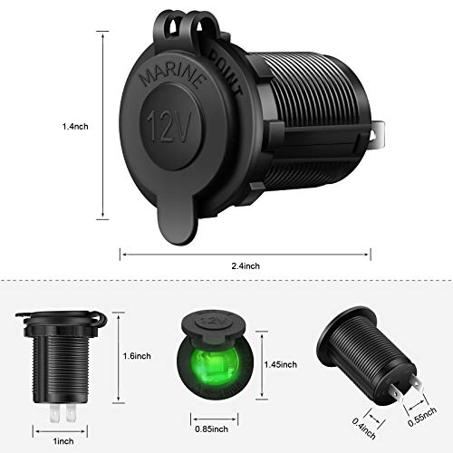 ZHSMS Universal 12V/24V Car Cigarette Lighter Socket Replacement with Green LED for Car Marine Motorcycle ATV RV and More, Waterproof, Pack of 2 - color: Green