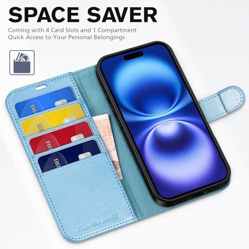 TUCCH Wallet Case for iPhone 16 (6.1") 2024, Flip Stand, Pearly Light Blue | RFID Blocking, 4 Card Holders, Kickstand, PU Leather, Shockproof TPU Shell, Magnetic Closure, Protective Folio Cover - color: Pearly Light Blue