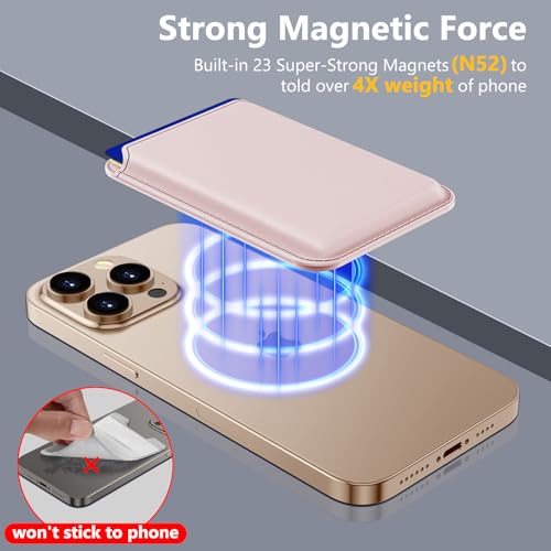 Upgraded MagSafe Wallet, Magnetic Phone Wallet 3 Cards Holder, 23 Magnets, Credit Card RFID Blocking, Slim Leather, Magnetic Wallets for iPhone 17/16/15/14/13/12 Series-Pink - color: Pink