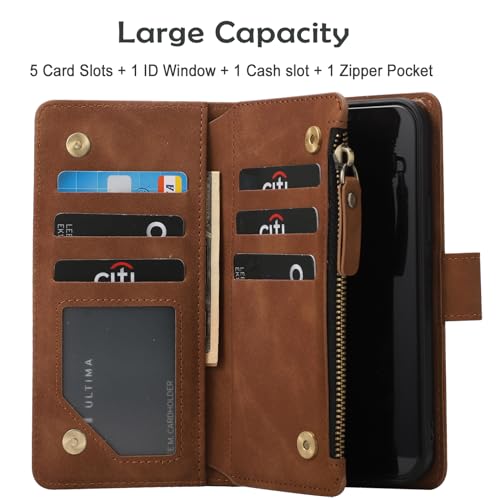 RANYOK Wallet Case for iPhone 15 (6.1 inch) with RFID Blocking Credit Card Holder, Premium PU Leather [Zipper Pocket] Flip Folio Case Wallet with Wrist Strap Kickstand Protective (Brown) - color: Brown