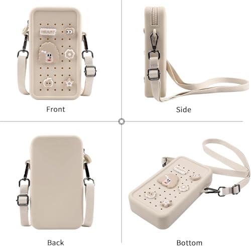 Silicone Crossbody Bag for Women, DIY Charm Compatible Perforated Hole Design, Compact Waterproof Lightweight Phone Purse with Adjustable Strap for Daily Use (Beige) - color: Beige