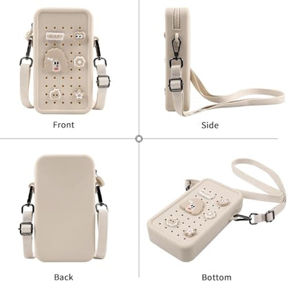 Silicone Crossbody Bag for Women, DIY Charm Compatible Perforated Hole Design, Compact Waterproof Lightweight Phone Purse with Adjustable Strap for Daily Use (Beige) - color: Beige