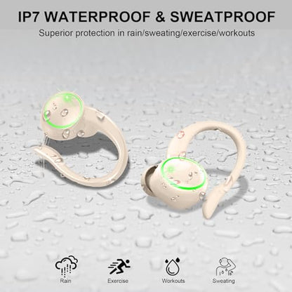 Wireless Earbuds, Bluetooth 5.4 Headphones Sports, 50H Playback Over-Ear buds with ENC Noise Cancelling Mic, Deep Bass Earphones with Earhooks, IP7 Waterproof Headset for Running Workout Off-white - color: Off-white