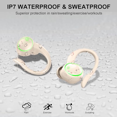 Matast Wireless Earbuds, Bluetooth Headphones Sports, Bass Fitness Earphones Gym Running, IP7 Waterproof Headset with Earhook Workout, Playback Over-Ear Buds with ENC Noise Cancelling Mic - color: Mickey White