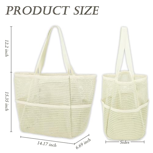 GYEUKHAM Mesh Beach Bag for Women, Sand-Resistant Pool Tote, 9 Pockets (1 Inner Zip), Foldable Family Travel Essentials - color: 6 Pockets-beige