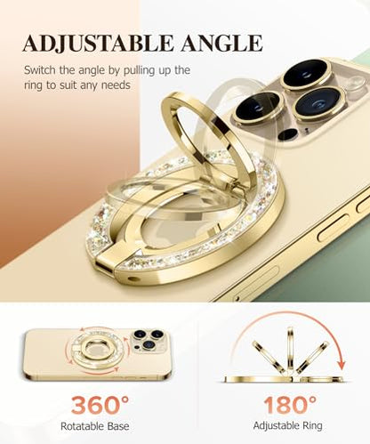 GVIEWIN Magnetic Phone Ring Holder, Compatible with MagSafe Phone Grip | Adjustable Stand, Magnet Phone Ring Kickstand, for iPhone 17/16/15/14/13/12 Pro Max Plus Air/Other Phones (Glitter/Gold) - color: Glitter/Gold