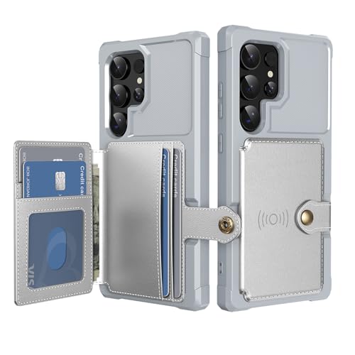 for Samsung Galaxy S21 Ultra 6.8" Case with Card Holder, Compatible with Magnetic Car Mount, Heavy Duty Shockproof Rugged Soft TPU Back Leather Flip Wallet Phone Cover, Silver - color: Silver, size: Samsung Galaxy S21 Ultra
