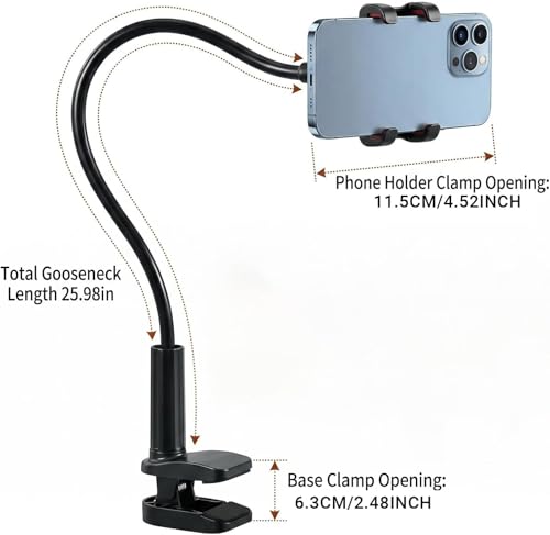 Gooseneck Phone Holder, 27.5" Flexible Phone Holder for Bed Desk, 360° Rotation Cell Phones Stand with Clamp, Heavy Duty Bracket for Bedside Living Room/Black - color: Black